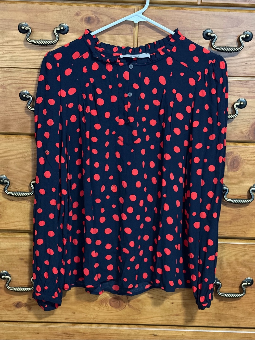 LOFT Navy Blouse with Red Polka Dots - Ruffle Neck Long Sleeve
